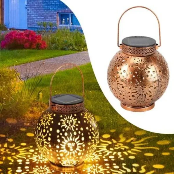 SM24672 Metal-iron Gold Sun Star Hollow-out Solar Hanging Lantern