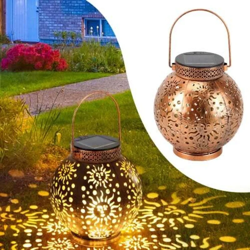 SM24672 Metal-iron Gold Sun Star Hollow-out Solar Hanging Lantern