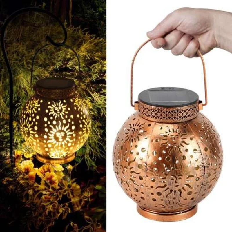 SM24672 Metal-iron Gold Sun Star Hollow-out Solar Hanging Lantern_2