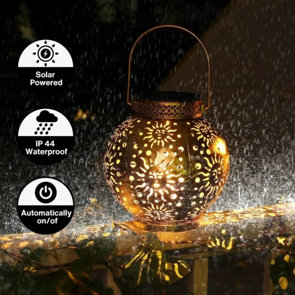 SM24672 Metal-iron Gold Sun Star Hollow-out Solar Hanging Lantern_4