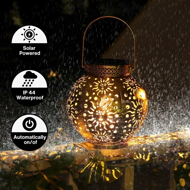 SM24672 Metal-iron Gold Sun Star Hollow-out Solar Hanging Lantern_4