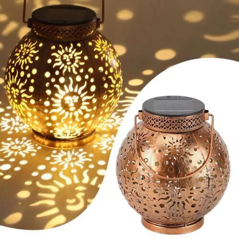 SM24672 Metal-iron Gold Sun Star Hollow-out Solar Hanging Lantern_6
