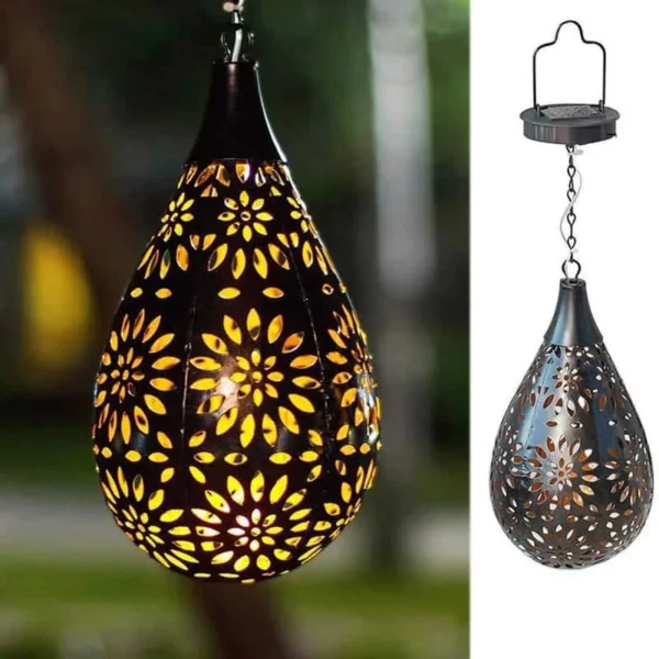 SM24674 Metal-iron Bronze Color Automatic Sensor Hollow-out Water Drop Hanging Solar Lantern