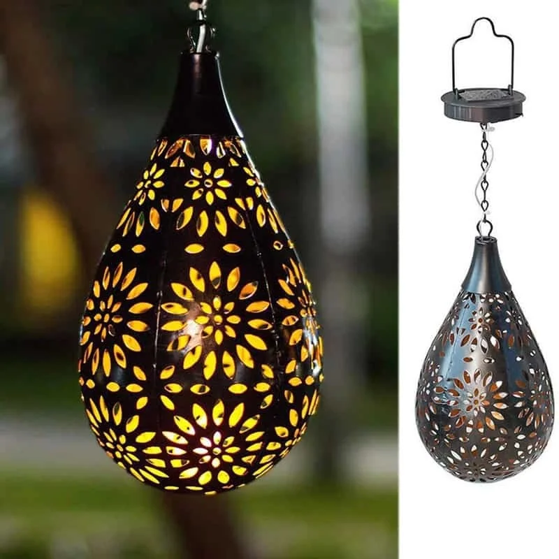 SM24674 Metal-iron Bronze Color Automatic Sensor Hollow-out Water Drop Hanging Solar Lantern