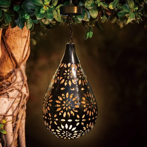 SM24674 Metal-iron Bronze Color Automatic Sensor Hollow-out Water Drop Hanging Solar Lantern_2
