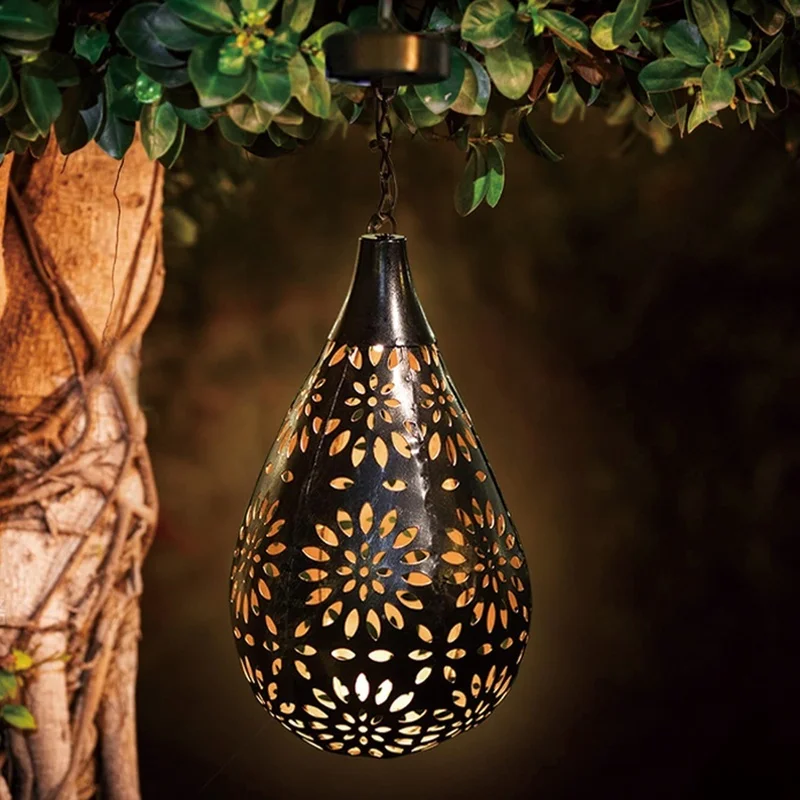 SM24674 Metal-iron Bronze Color Automatic Sensor Hollow-out Water Drop Hanging Solar Lantern_2