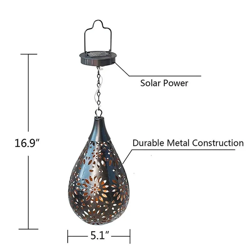 SM24674 Metal-iron Bronze Color Automatic Sensor Hollow-out Water Drop Hanging Solar Lantern_3