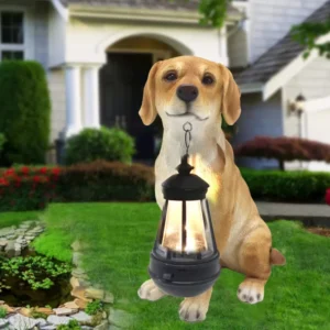 SM24715 Labrador Resin Statue Solar Freestanding Light - Yellow Dog with Lantern, Automatic On