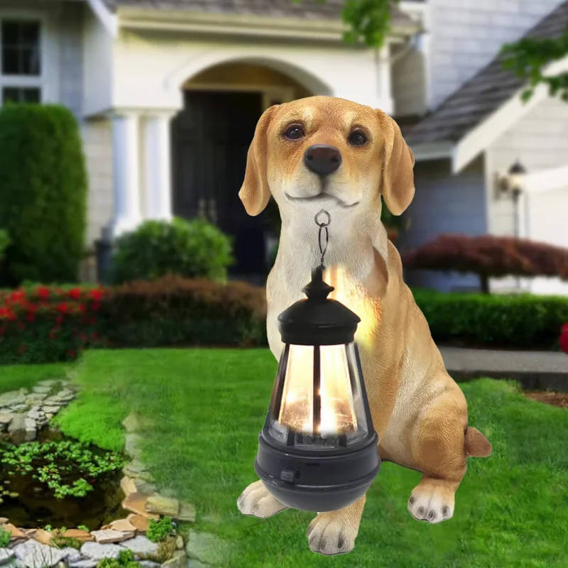 SM24715 Labrador Resin Statue Solar Freestanding Light - Yellow Dog with Lantern, Automatic On