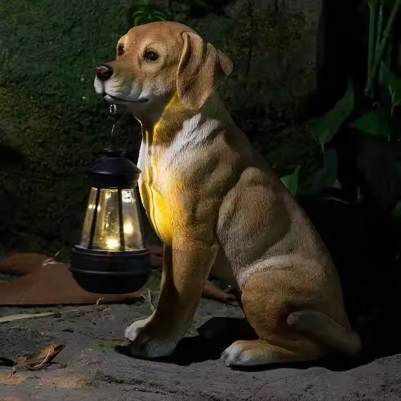 SM24715 Labrador Resin Statue Solar Freestanding Light - Yellow Dog with Lantern, Automatic On_2