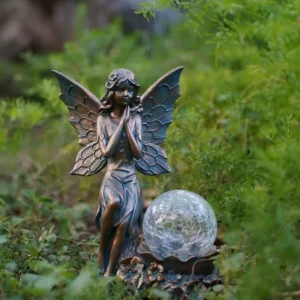 SM24806 Resin Fairy Sitting By Glass Ball Freestanding Solar Statue