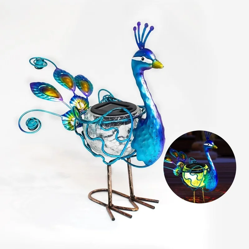 SM24858 Glass Solar Peacock Resin Statue with Metal Iron, Freestanding Light Animal Bird
