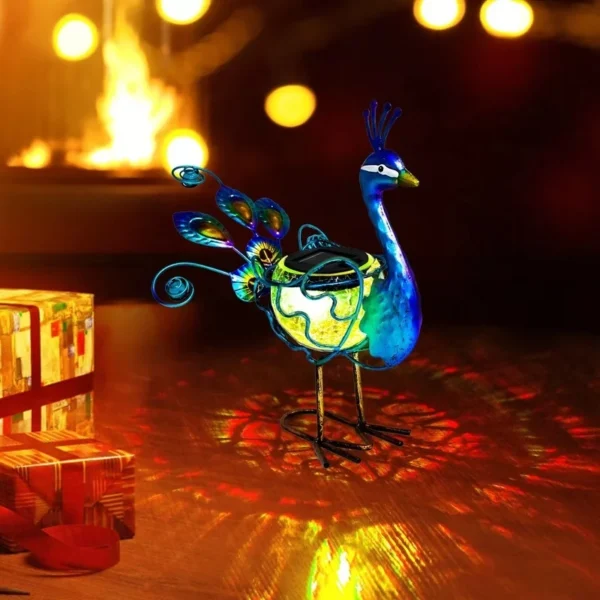 SM24858 Glass Solar Peacock Resin Statue with Metal Iron, Freestanding Light Animal Bird_2