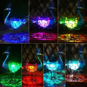 SM24858 Glass Solar Peacock Resin Statue with Metal Iron, Freestanding Light Animal Bird_4