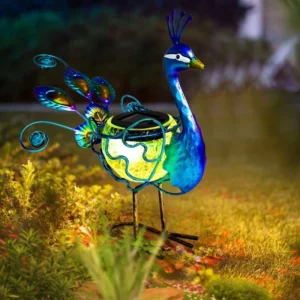 SM24858 Glass Solar Peacock Resin Statue with Metal Iron, Freestanding Light Animal Bird_5