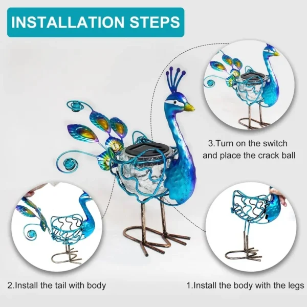 SM24858 Glass Solar Peacock Resin Statue with Metal Iron, Freestanding Light Animal Bird_6