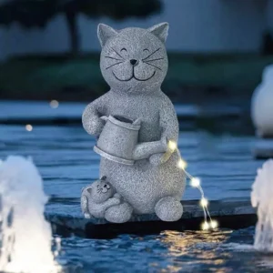 SM24866 Solar Garden Resin Statue - Cat with Watering Can Freestanding Light Animal