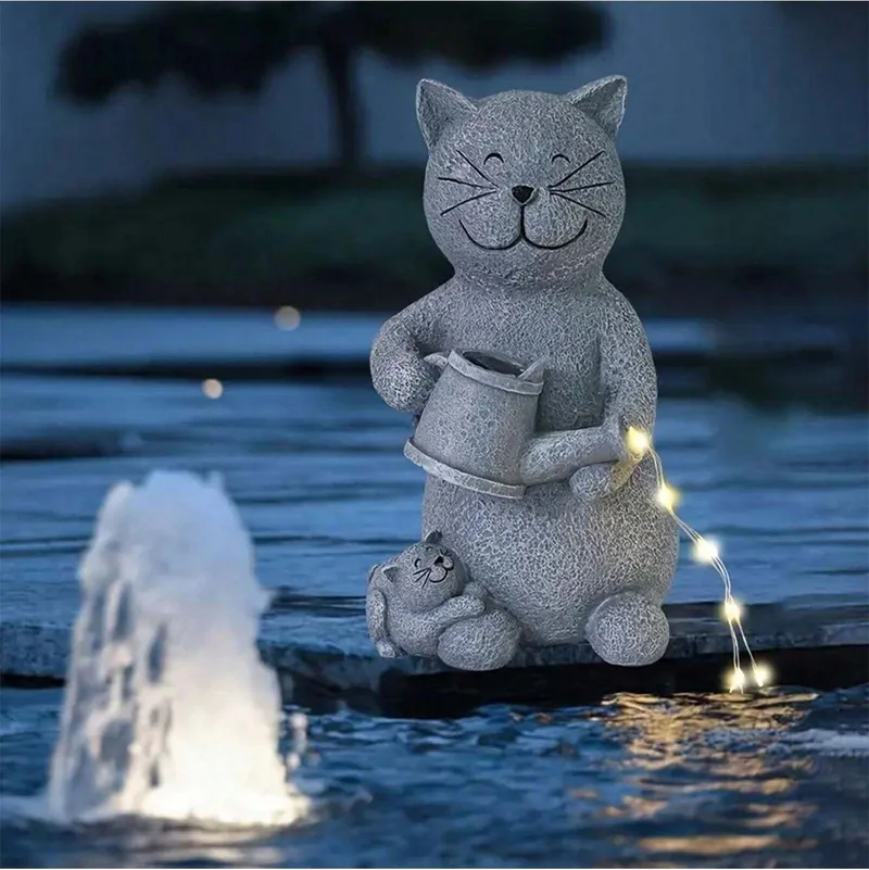 SM24866 Solar Garden Resin Statue - Cat with Watering Can Freestanding Light Animal_2