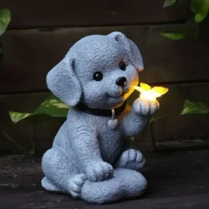 SM24867 Solar Resin Statue - Cute Puppy Holding a Butterfly Freestanding Light