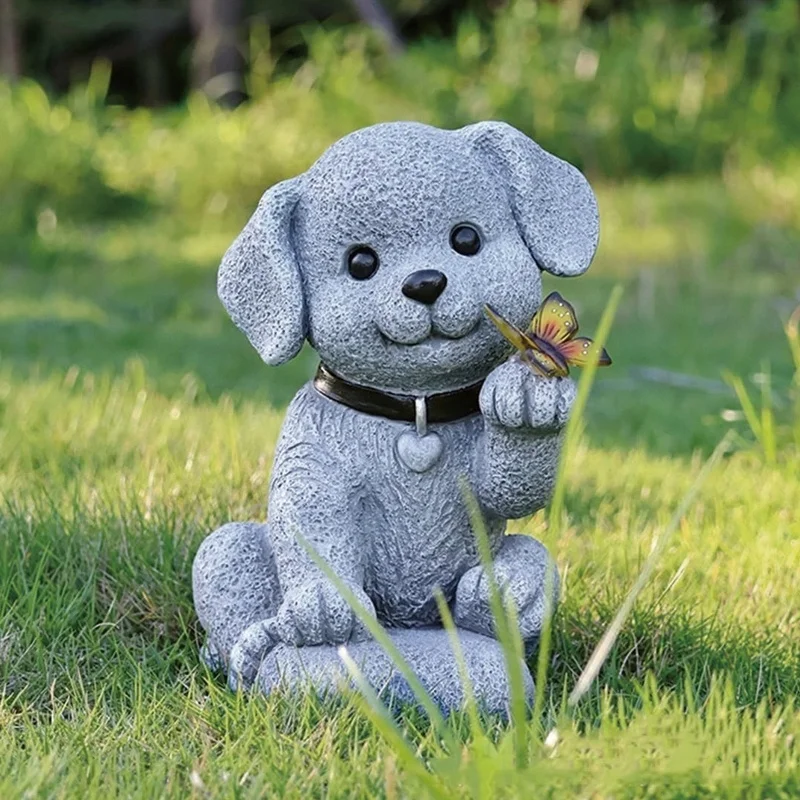 SM24867 Solar Resin Statue - Cute Puppy Holding a Butterfly Freestanding Light_2