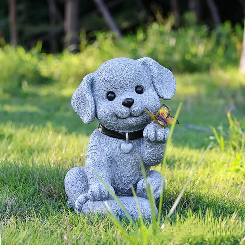 SM24867 Solar Resin Statue - Cute Puppy Holding a Butterfly Freestanding Light_3