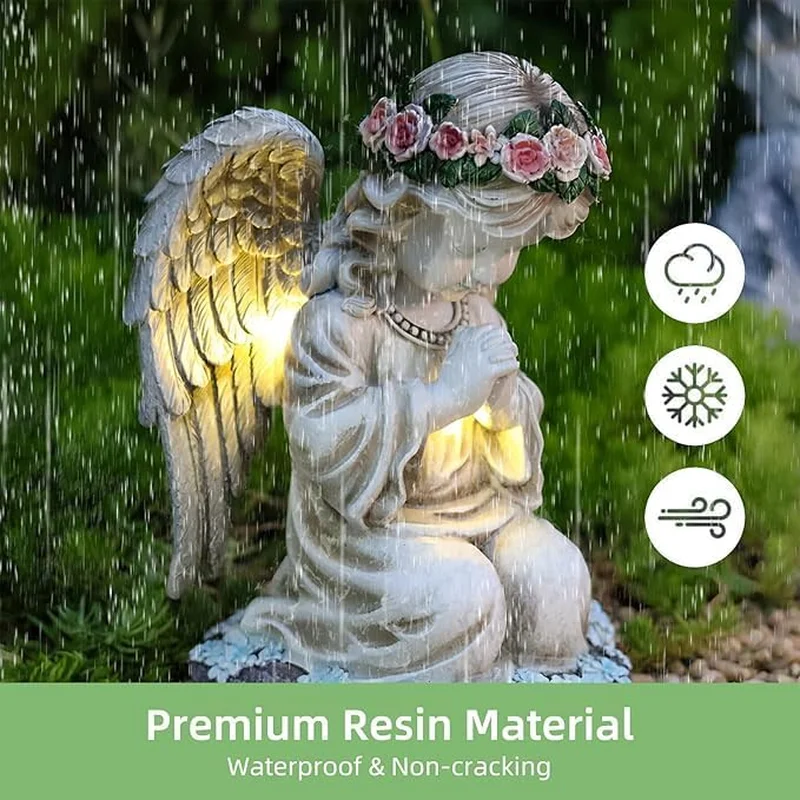 SM24868 resin statue Solar Garden Praying Angel freestanding light white, large, decorative, with base_3