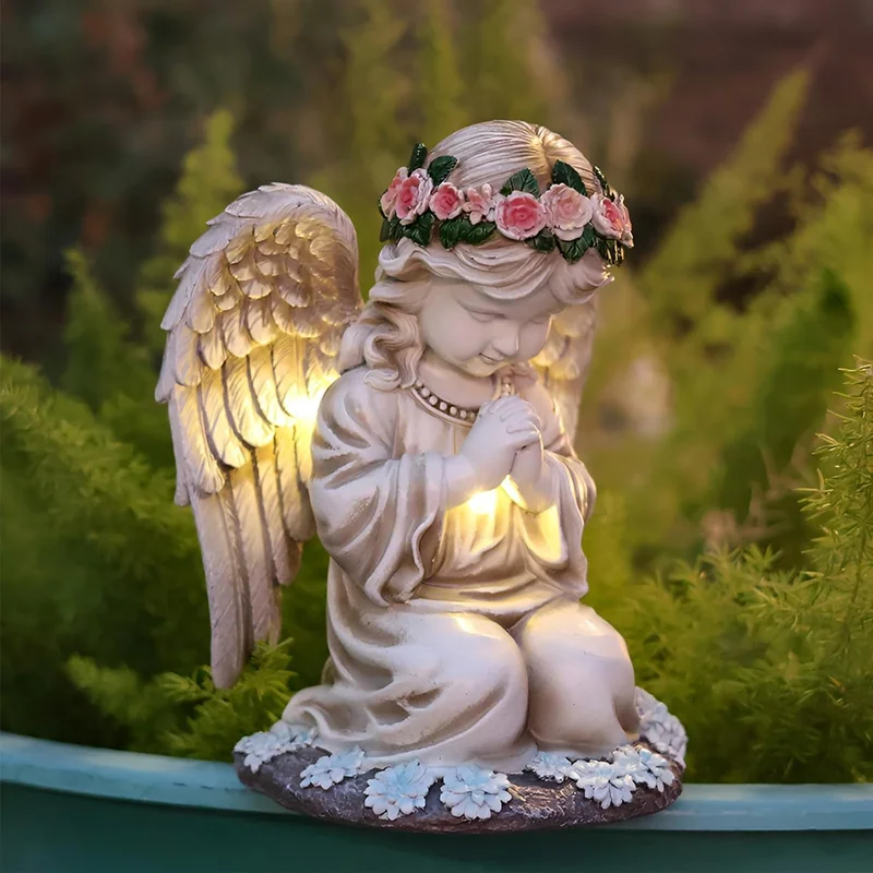 SM24868 resin statue Solar Garden Praying Angel freestanding light white, large, decorative, with base_4