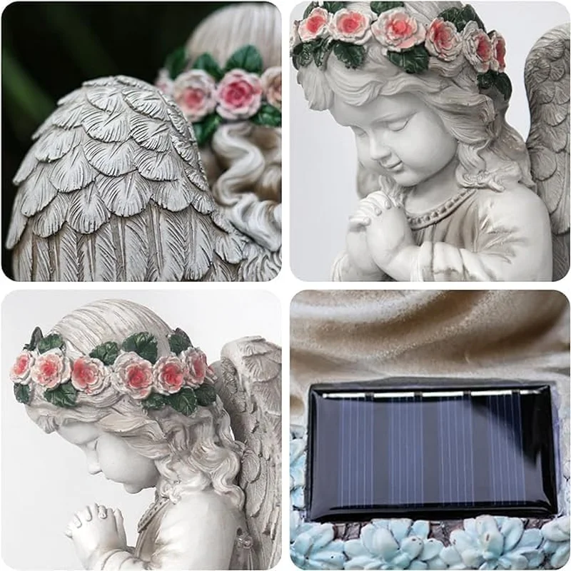 SM24868 resin statue Solar Garden Praying Angel freestanding light white, large, decorative, with base_5