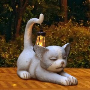 sm24869 resin sleeping cat statue with hanging solar lantern for pet memorial