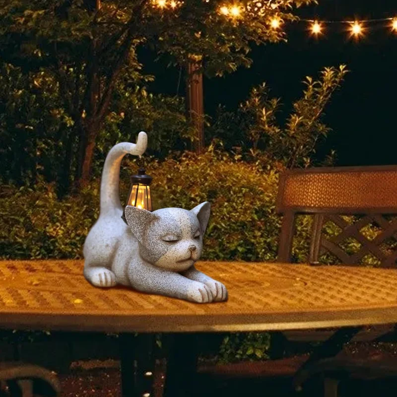 SM24869 Resin Cat Statue with Solar Lantern Hanging Light