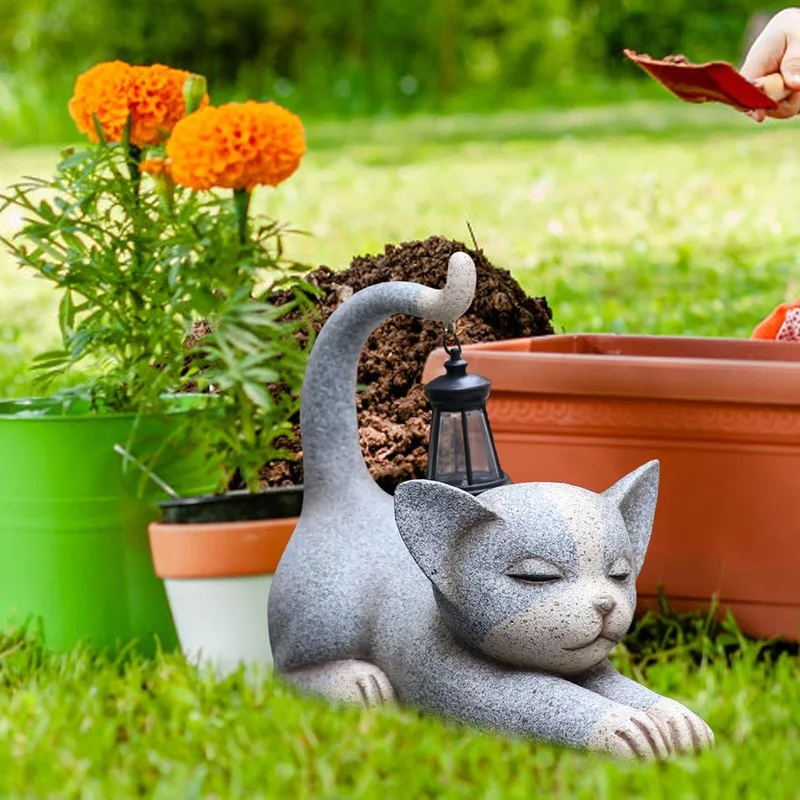 SM24869 Resin Cat Statue with Solar Lantern Hanging Light_2