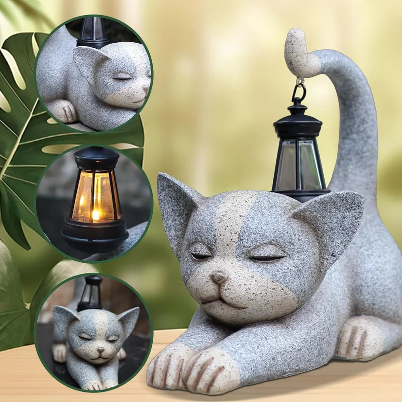 SM24869 Resin Cat Statue with Solar Lantern Hanging Light_3