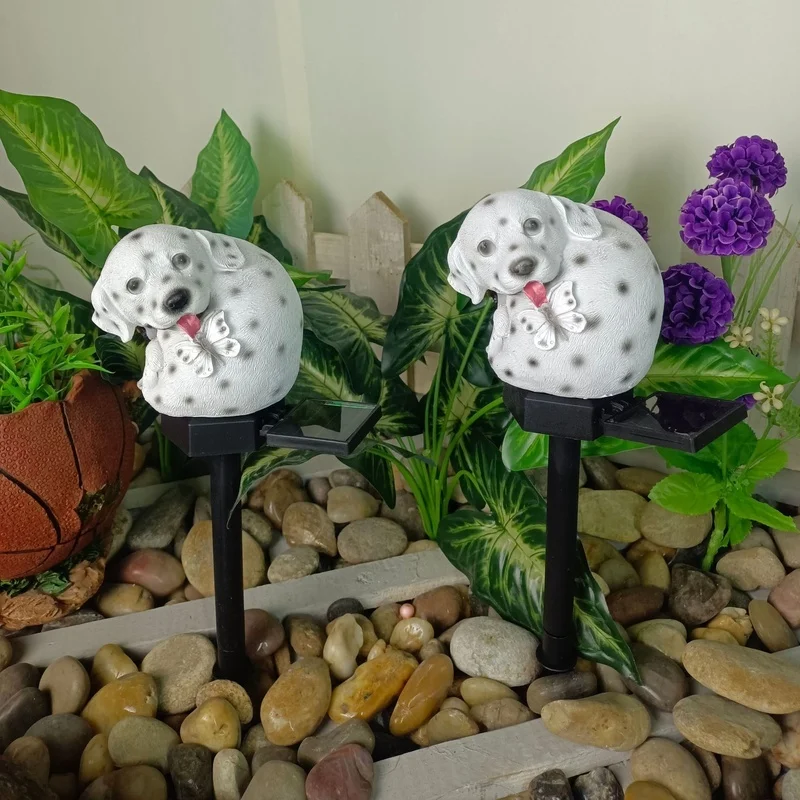 SM24879 Solar Spotted Dog Resin Statue with Butterfly Stake Lights Animal_3