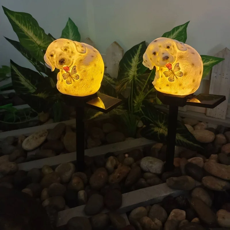 SM24879 Solar Spotted Dog Resin Statue with Butterfly Stake Lights Animal_4