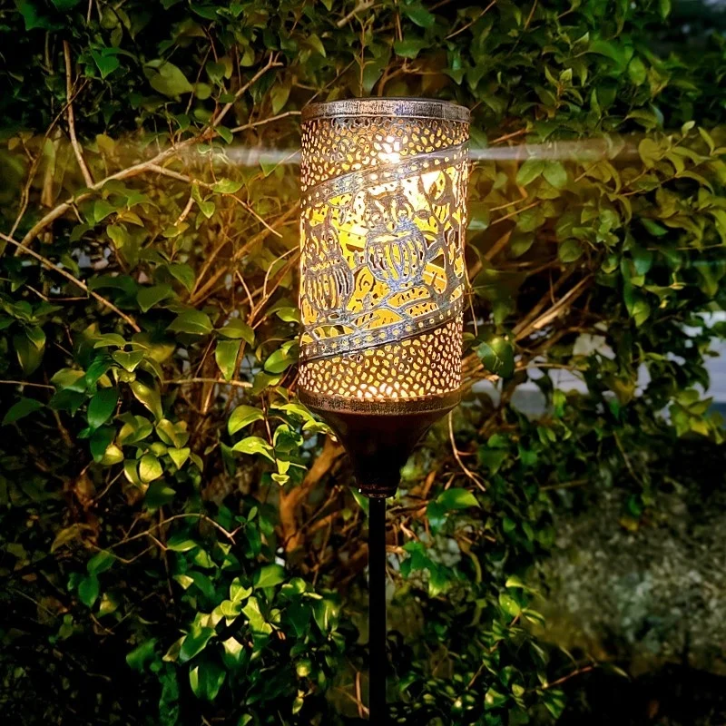 SM24916 Glossy Medium Copper Plastic PP Hollow-Out Solar Stake Lantern Light_8