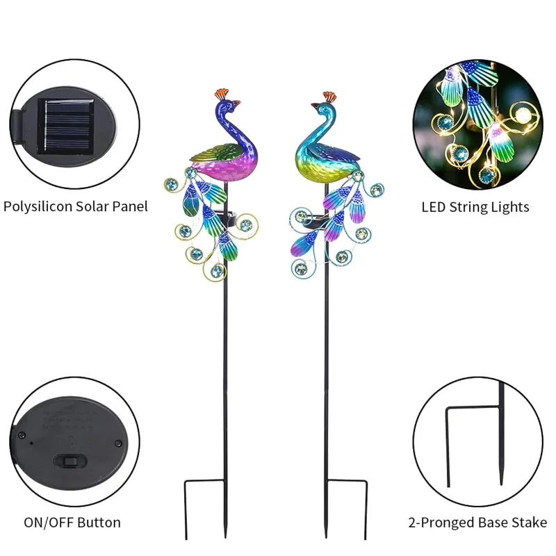 SM24925 Plastic PP Peacock Solar Stake Light - Decorative Garden Ornament with Colorful Feathers, Solar-Powered Animal Bird Design_2