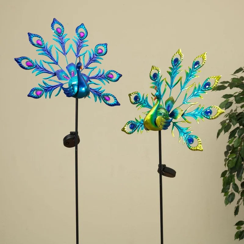SM24926 Glass Peacock Solar Stake Light - Blue Decorative Metal Iron Animal Bird Lamp (Small)_3