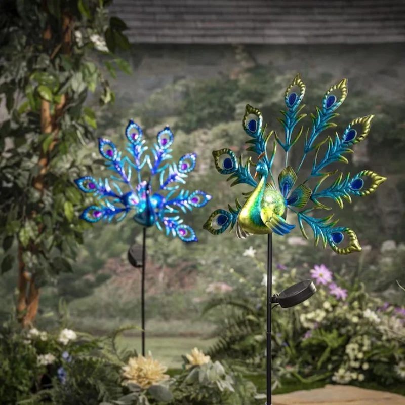 SM24926 Glass Peacock Solar Stake Light - Blue Decorative Metal Iron Animal Bird Lamp (Small)_4