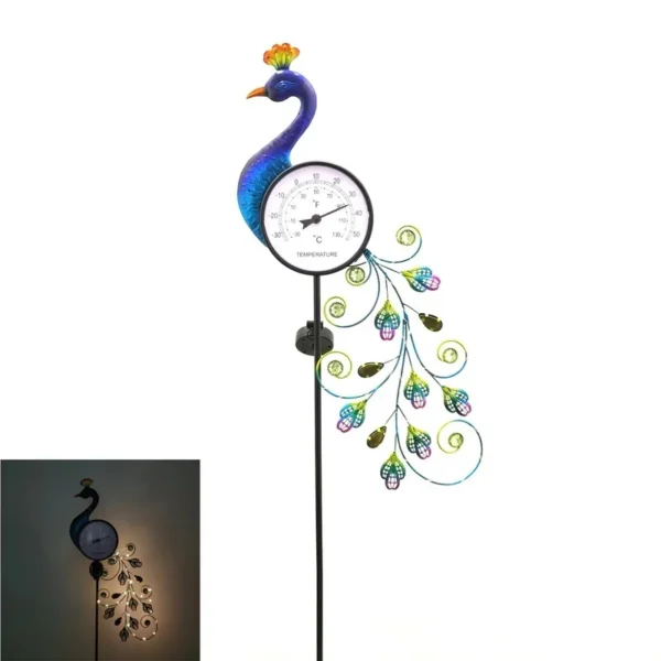 SM24927 Plastic PP Peacock Solar Stake Light with Thermometer, Animal Bird