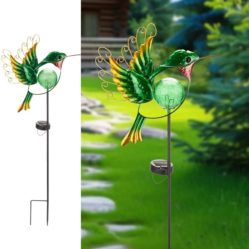SM24928 Solar-Powered Metal Iron & Glass Hummingbird Stake Light with Blue Animal Design and Floral Decoration_1_20251010_142405