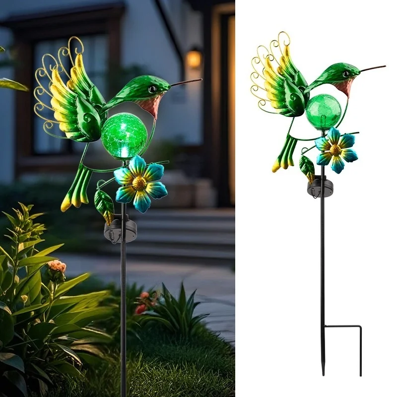 SM24928 Solar-Powered Metal Iron & Glass Hummingbird Stake Light with Blue Animal Design and Floral Decoration_2_20251010_142405