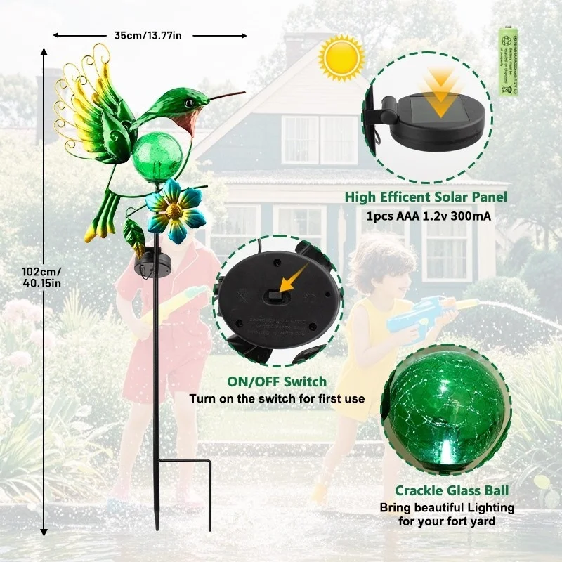 SM24928 Solar-Powered Metal Iron & Glass Hummingbird Stake Light with Blue Animal Design and Floral Decoration_3_20251010_142405