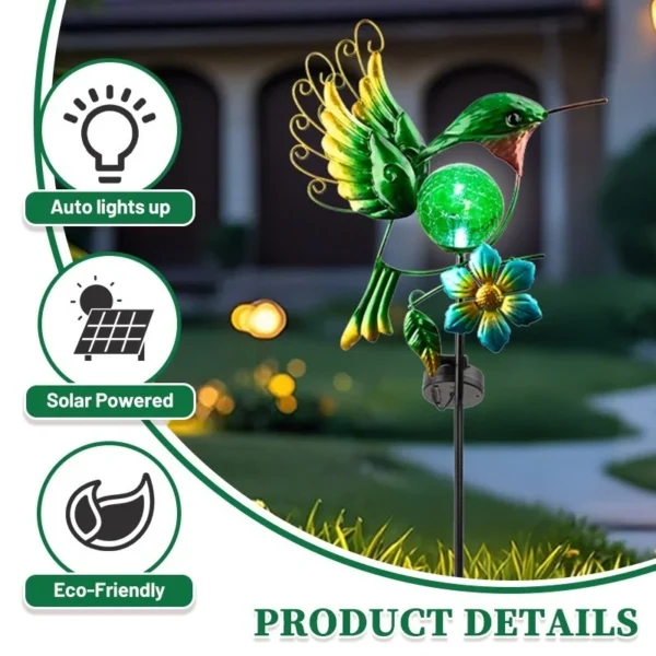 SM24928 Solar-Powered Metal Iron & Glass Hummingbird Stake Light with Blue Animal Design and Floral Decoration_4_20251010_142405
