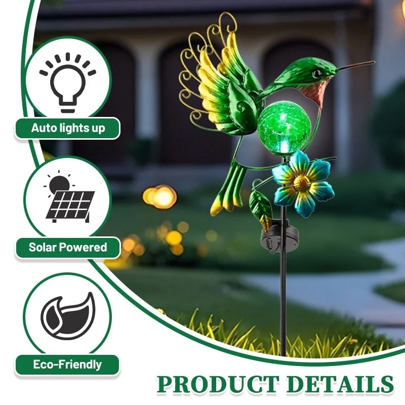 SM24928 Solar-Powered Metal Iron & Glass Hummingbird Stake Light with Blue Animal Design and Floral Decoration_4_20251010_142405