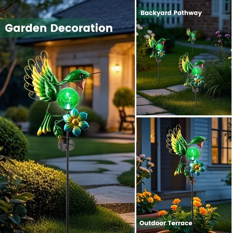 SM24928 Solar-Powered Metal Iron & Glass Hummingbird Stake Light with Blue Animal Design and Floral Decoration_6_20251010_142405