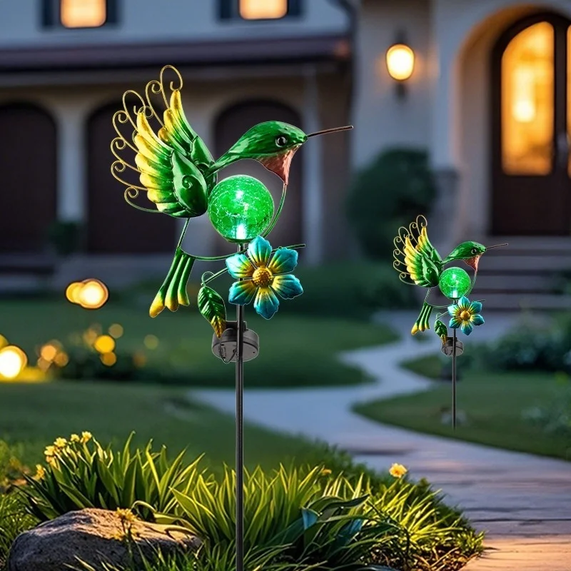 SM24928 Solar-Powered Metal Iron & Glass Hummingbird Stake Light with Blue Animal Design and Floral Decoration_7_20251010_142405
