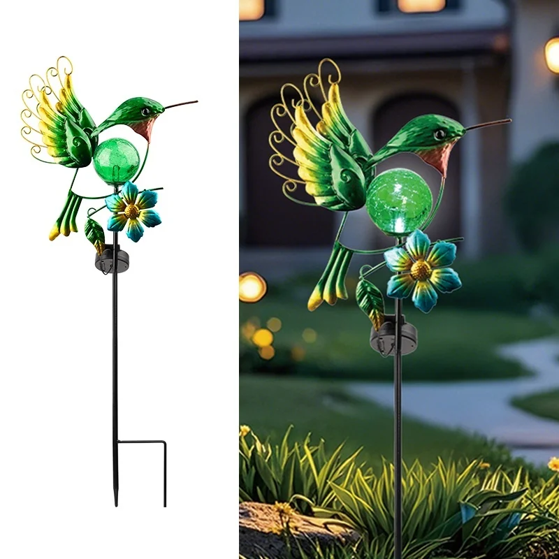 SM24928 Solar-Powered Metal Iron & Glass Hummingbird Stake Light with Blue Animal Design and Floral Decoration_9