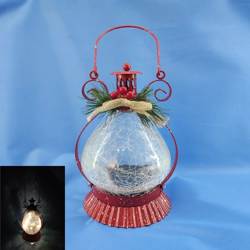 SM24931 Glass Christmas Cracked Ball Solar Lantern with Metal Iron Hanging Light Globe
