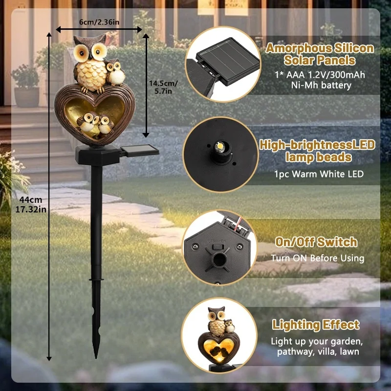 SM24946 Solar-Powered Resin Owl Statue Garden Stake Light — Decorative Small Animal Bird_2