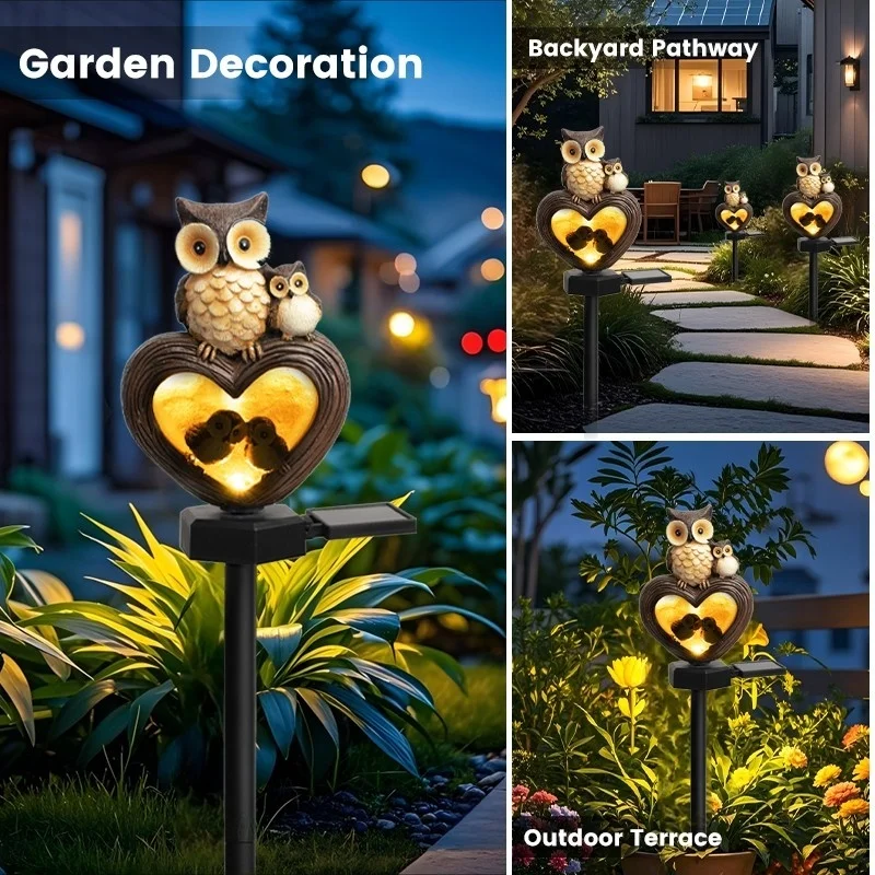 SM24946 Solar-Powered Resin Owl Statue Garden Stake Light — Decorative Small Animal Bird_4